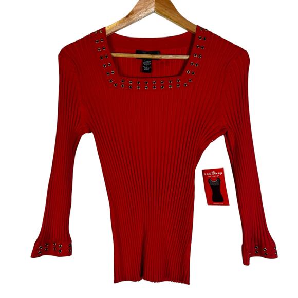 NWT Cable & Gauge Grommet Sweater Womens M Red Square Neck Ribbed Stretch Y2K - Picture 1 of 6